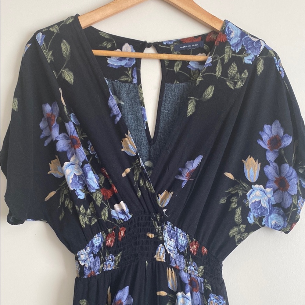 Black Floral Jumpsuit with Dolman Sleeves and V-Neck - Picture 7 of 9
